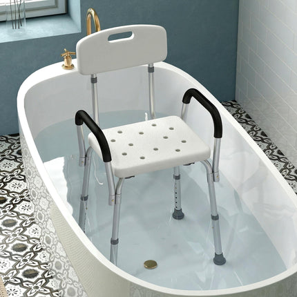 Adjustable Shower Chair with Backrest and Armrests, Portable Medical Stool for Mobility - White
