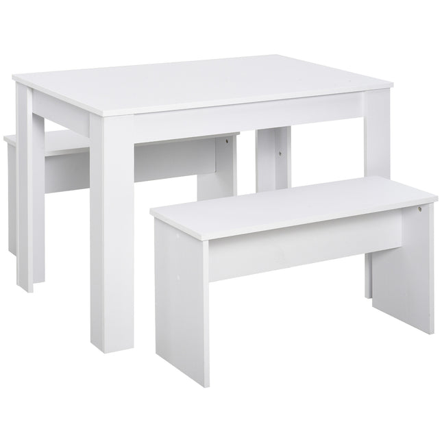 Kitchen Dining Table and 2 Benches Set for Limited Space - White