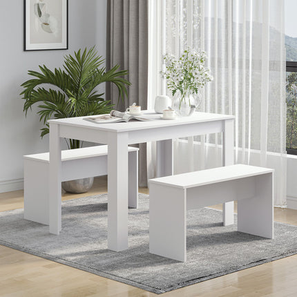 Kitchen Dining Table and 2 Benches Set for Limited Space - White