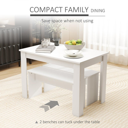 Kitchen Dining Table and 2 Benches Set for Limited Space - White