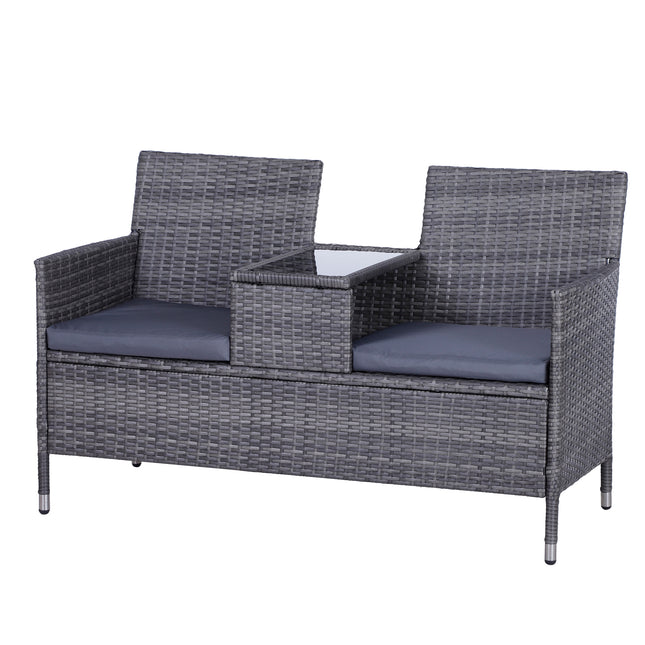 2-Seater PE Rattan Outdoor Garden Bench w/ Centre Table Grey