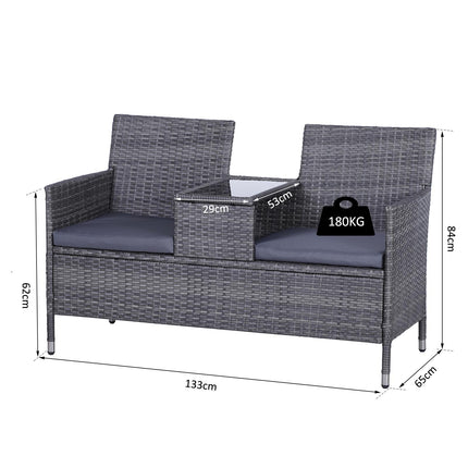 2-Seater PE Rattan Outdoor Garden Bench w/ Centre Table Grey