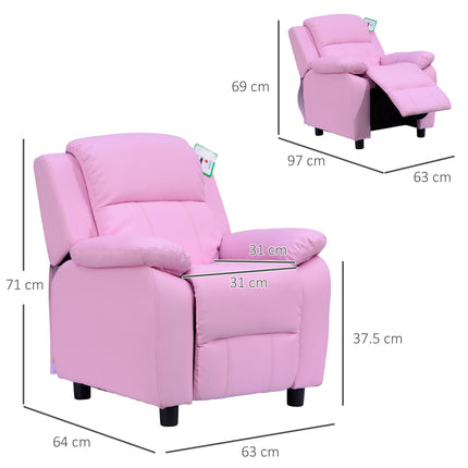 Kids Recliner Lounger Armchair with Storage Space and Footrest - Pink PU Leather