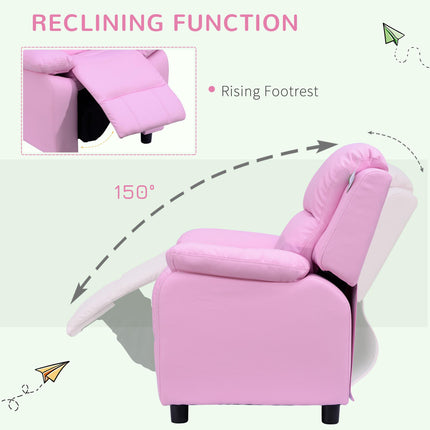 Kids Recliner Lounger Armchair with Storage Space and Footrest - Pink PU Leather