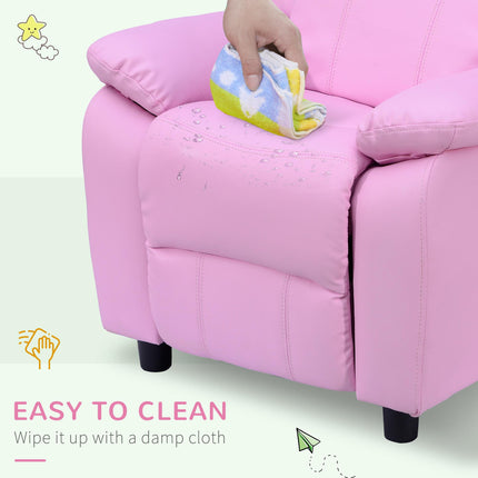 Kids Recliner Lounger Armchair with Storage Space and Footrest - Pink PU Leather