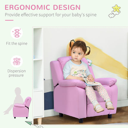 Kids Recliner Lounger Armchair with Storage Space and Footrest - Pink PU Leather