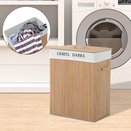 100L Collapsible Natural Wood Laundry Hamper with Lid and Removable Lining - Wood Color