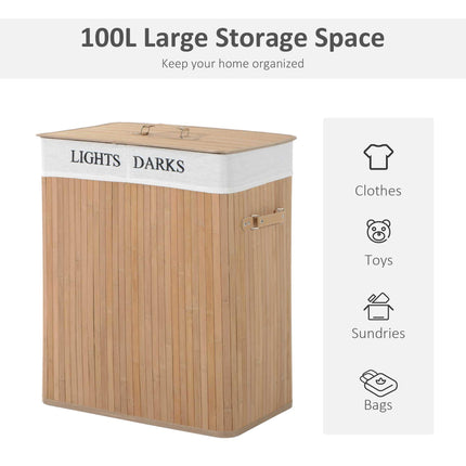 100L Collapsible Natural Wood Laundry Hamper with Lid and Removable Lining - Wood Color