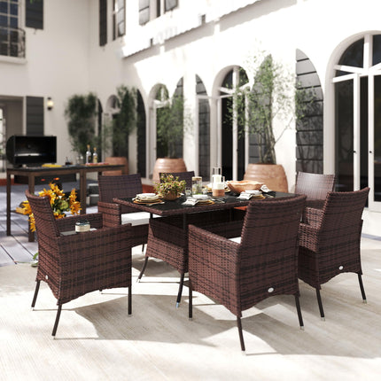 6-Seater Rattan Garden Dining Set with Rectangular Table & Cube Chairs - Brown