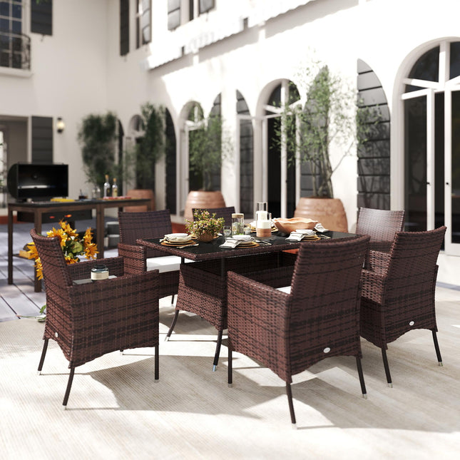 6-Seater Rattan Garden Dining Set with Rectangular Table & Cube Chairs - Brown