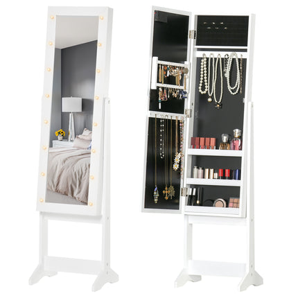 Full Body Mirrored Jewelry Cabinet with LED Light and 3-Angle Adjustable Mirror for Rings, Earrings, Bracelets, Cosmetics - Warm White