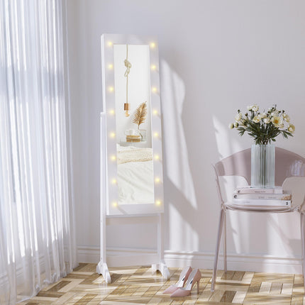 Full Body Mirrored Jewelry Cabinet with LED Light and 3-Angle Adjustable Mirror for Rings, Earrings, Bracelets, Cosmetics - Warm White