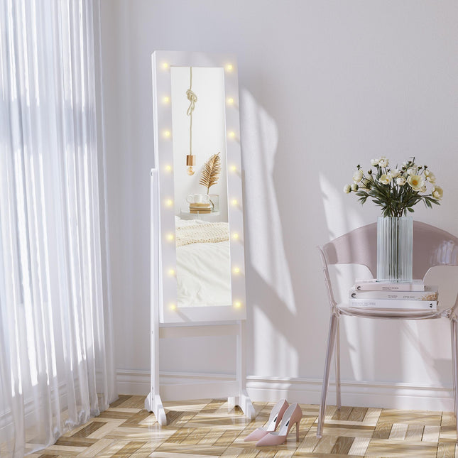 Full Body Mirrored Jewelry Cabinet with LED Light and 3-Angle Adjustable Mirror for Rings, Earrings, Bracelets, Cosmetics - Warm White