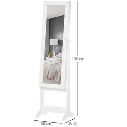 Full Body Mirrored Jewelry Cabinet with LED Light and 3-Angle Adjustable Mirror for Rings, Earrings, Bracelets, Cosmetics - Warm White