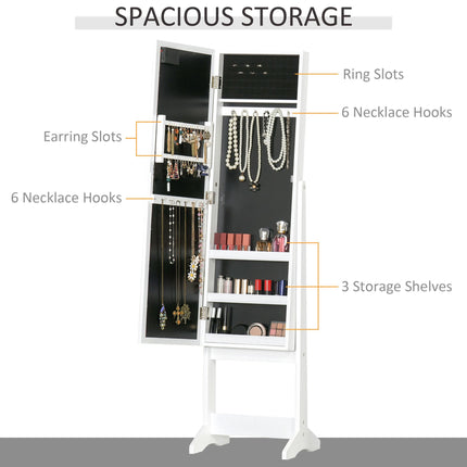 Full Body Mirrored Jewelry Cabinet with LED Light and 3-Angle Adjustable Mirror for Rings, Earrings, Bracelets, Cosmetics - Warm White