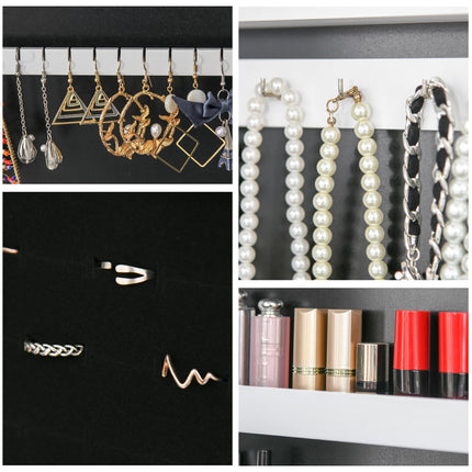 Full Body Mirrored Jewelry Cabinet with LED Light and 3-Angle Adjustable Mirror for Rings, Earrings, Bracelets, Cosmetics - Warm White