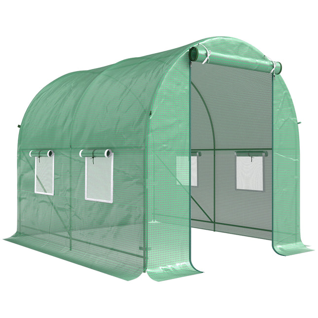 Reinforced Walk-In Polytunnel Greenhouse 2.5x2m with Roll-Up Door & Zipped Windows - Green