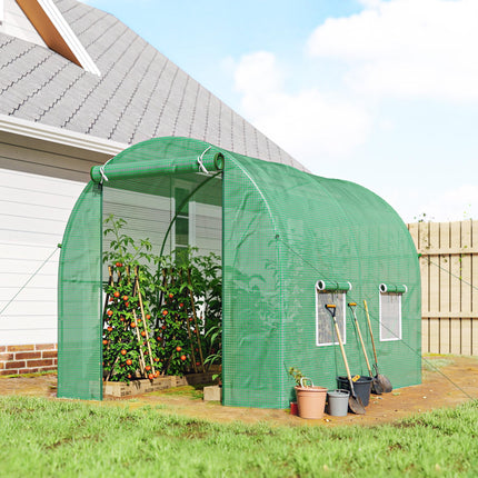 Reinforced Walk-In Polytunnel Greenhouse 2.5x2m with Roll-Up Door & Zipped Windows - Green