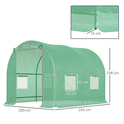 Reinforced Walk-In Polytunnel Greenhouse 2.5x2m with Roll-Up Door & Zipped Windows - Green