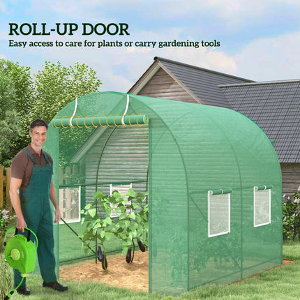 Reinforced Walk-In Polytunnel Greenhouse 2.5x2m with Roll-Up Door & Zipped Windows - Green