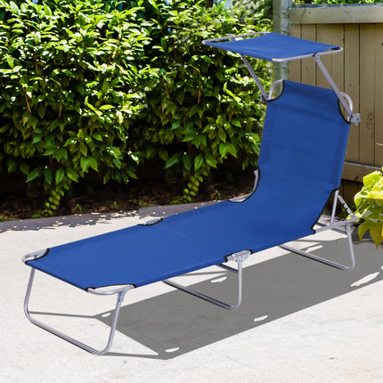Adjustable Folding Reclining Sun Lounger with Canopy for Beach Garden Patio - Blue