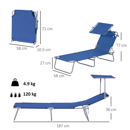 Adjustable Folding Reclining Sun Lounger with Canopy for Beach Garden Patio - Blue