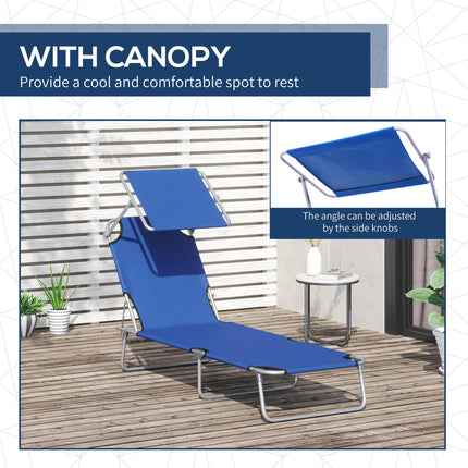 Adjustable Folding Reclining Sun Lounger with Canopy for Beach Garden Patio - Blue