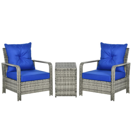3 Piece PE Rattan Garden Furniture Set with Removable Cushions - Grey and Blue