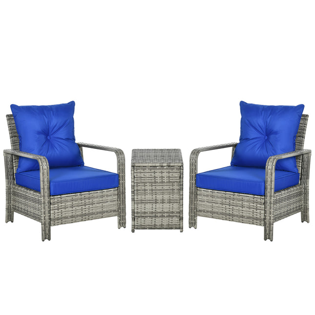3 Piece PE Rattan Garden Furniture Set with Removable Cushions - Grey and Blue