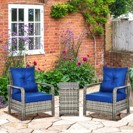 3 Piece PE Rattan Garden Furniture Set with Removable Cushions - Grey and Blue