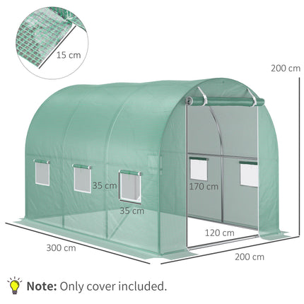3 x 2 x 2m Tunnel Walk-in Greenhouse Replacement Cover with Roll-up Windows and Door - Green