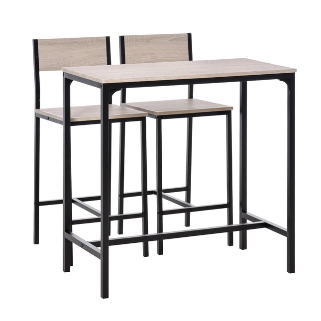 3 Pcs Industrial Table and Stool Set with Metal Frame and Oak Tone MDF Panels - Wood Color and Black