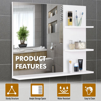 Modern Wall Mounted Bathroom Mirror with Three Tier Storage - White