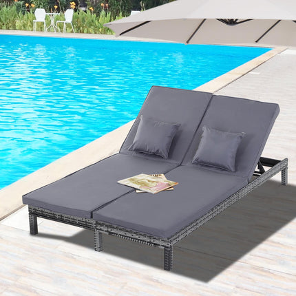 2 Seater Rattan Sun Lounger With Cushions - Grey