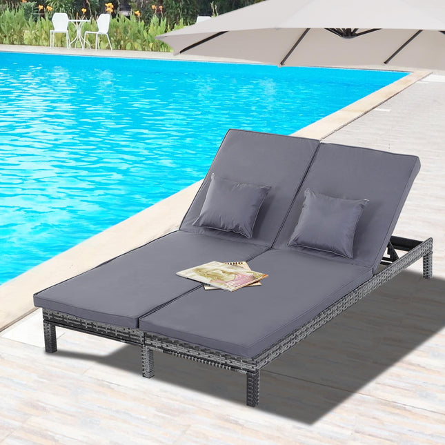 2 Seater Rattan Sun Lounger With Cushions - Grey