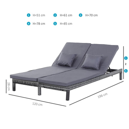 2 Seater Rattan Sun Lounger With Cushions - Grey