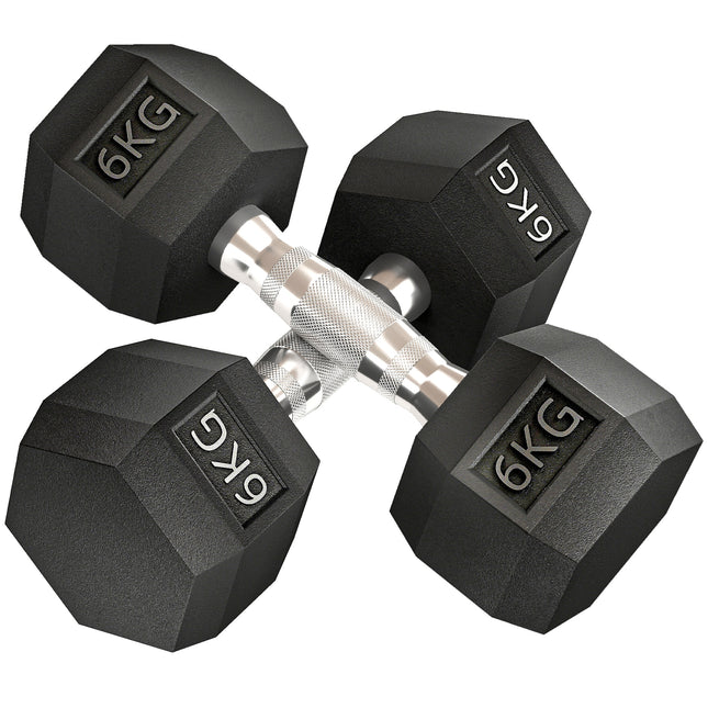 Set of 2 Rubber Hex Dumbbells 6kg for Weight Lifting - Black
