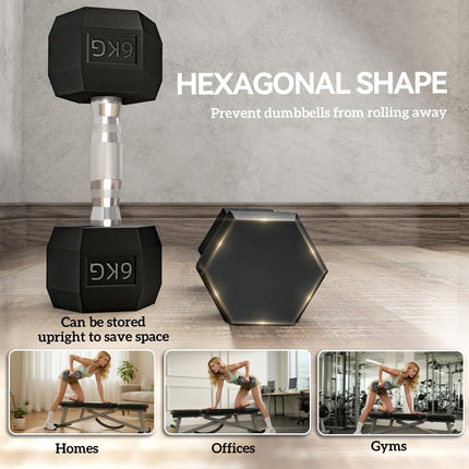 Set of 2 Rubber Hex Dumbbells 6kg for Weight Lifting - Black