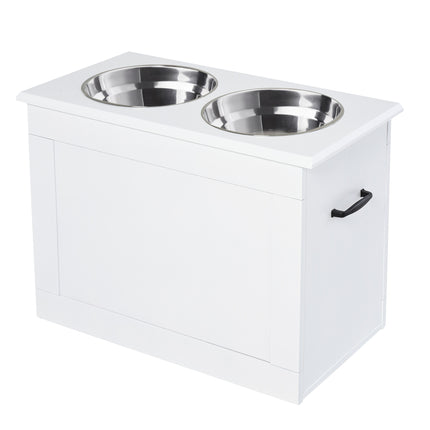 Raised Dog Bowls with Storage and Two Stainless Steel Bowls Elevated Base - White