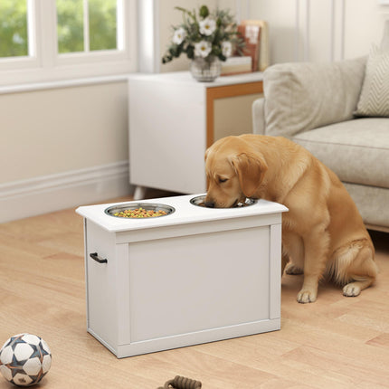 Raised Dog Bowls with Storage and Two Stainless Steel Bowls Elevated Base - White