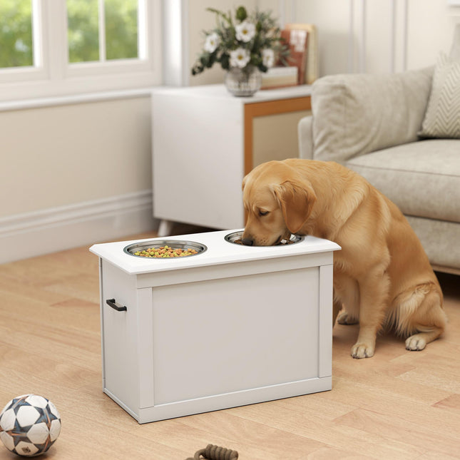 Raised Dog Bowls with Storage and Two Stainless Steel Bowls Elevated Base - White