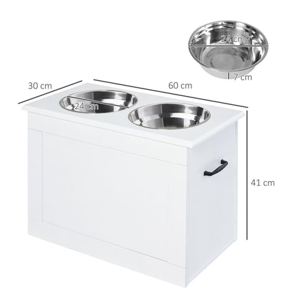 Raised Dog Bowls with Storage and Two Stainless Steel Bowls Elevated Base - White