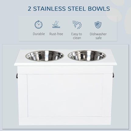 Raised Dog Bowls with Storage and Two Stainless Steel Bowls Elevated Base - White