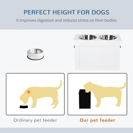 Raised Dog Bowls with Storage and Two Stainless Steel Bowls Elevated Base - White