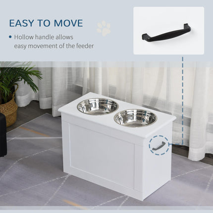 Raised Dog Bowls with Storage and Two Stainless Steel Bowls Elevated Base - White
