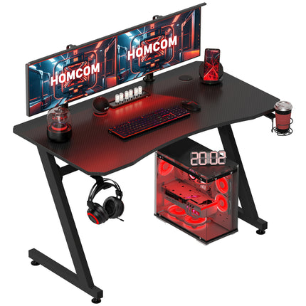 Gaming Desk with Steel Frame, Cup Holder, Headphone Hook, Adjustable Feet & Cable Organiser - Black