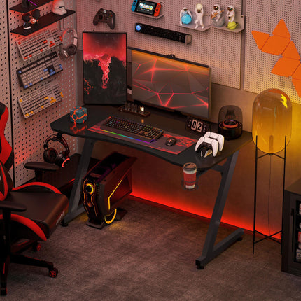 Gaming Desk with Steel Frame, Cup Holder, Headphone Hook, Adjustable Feet & Cable Organiser - Black