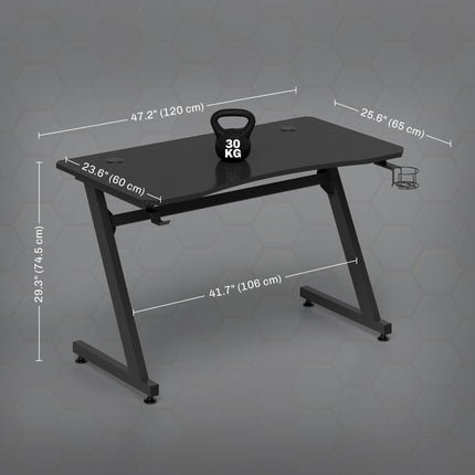 Gaming Desk with Steel Frame, Cup Holder, Headphone Hook, Adjustable Feet & Cable Organiser - Black