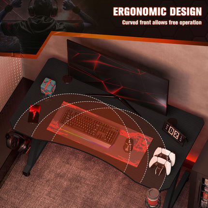 Gaming Desk with Steel Frame, Cup Holder, Headphone Hook, Adjustable Feet & Cable Organiser - Black