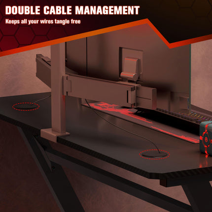 Gaming Desk with Steel Frame, Cup Holder, Headphone Hook, Adjustable Feet & Cable Organiser - Black